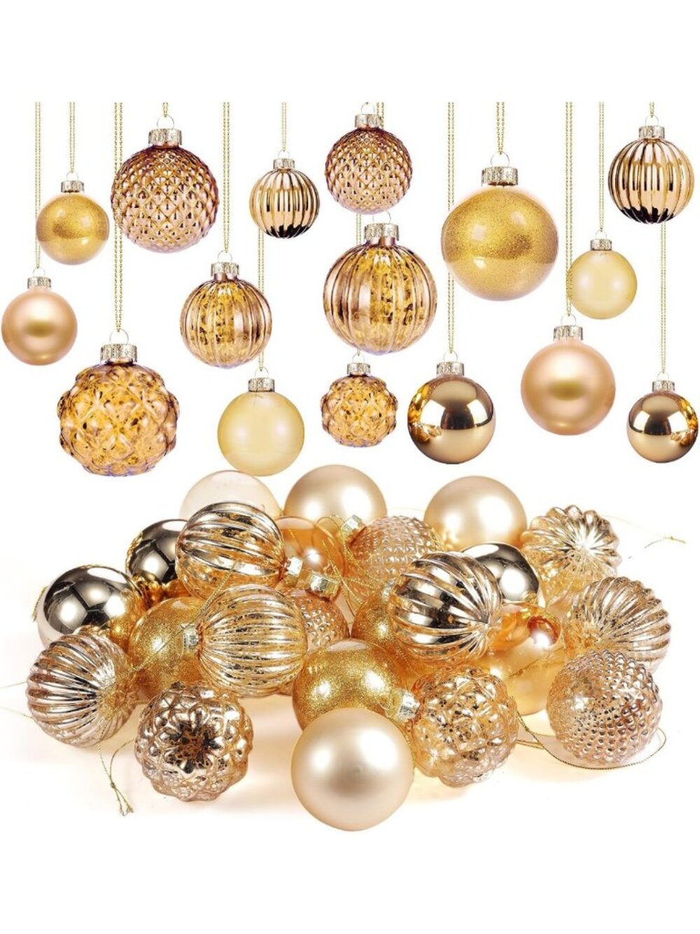 24 Pcs Light Gold Glass Christmas Ball Ornaments - 2.36” Holiday Decor